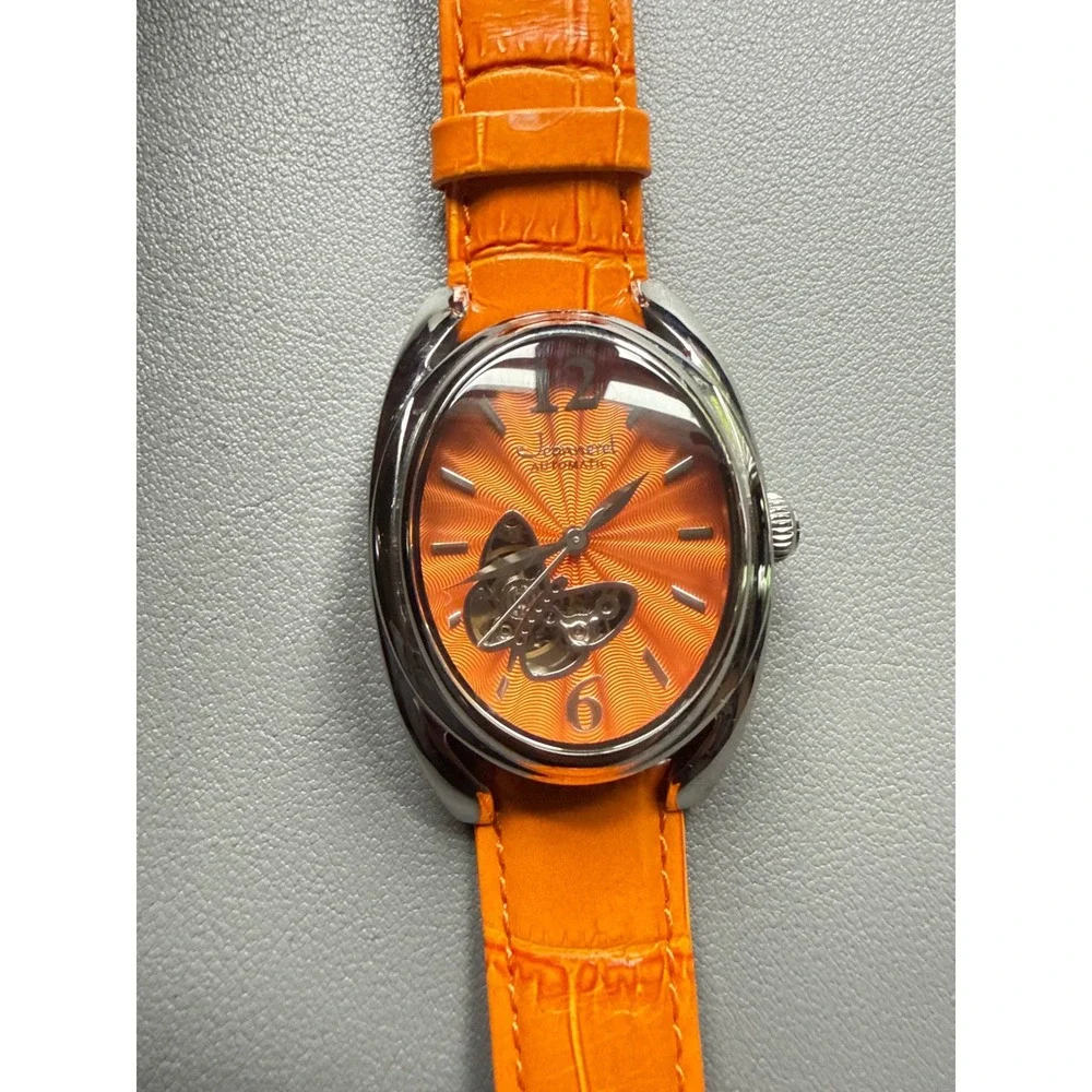 Jeanneret Women Orange Skeleton Automatic Watch Stainless Steel Leather J-64283